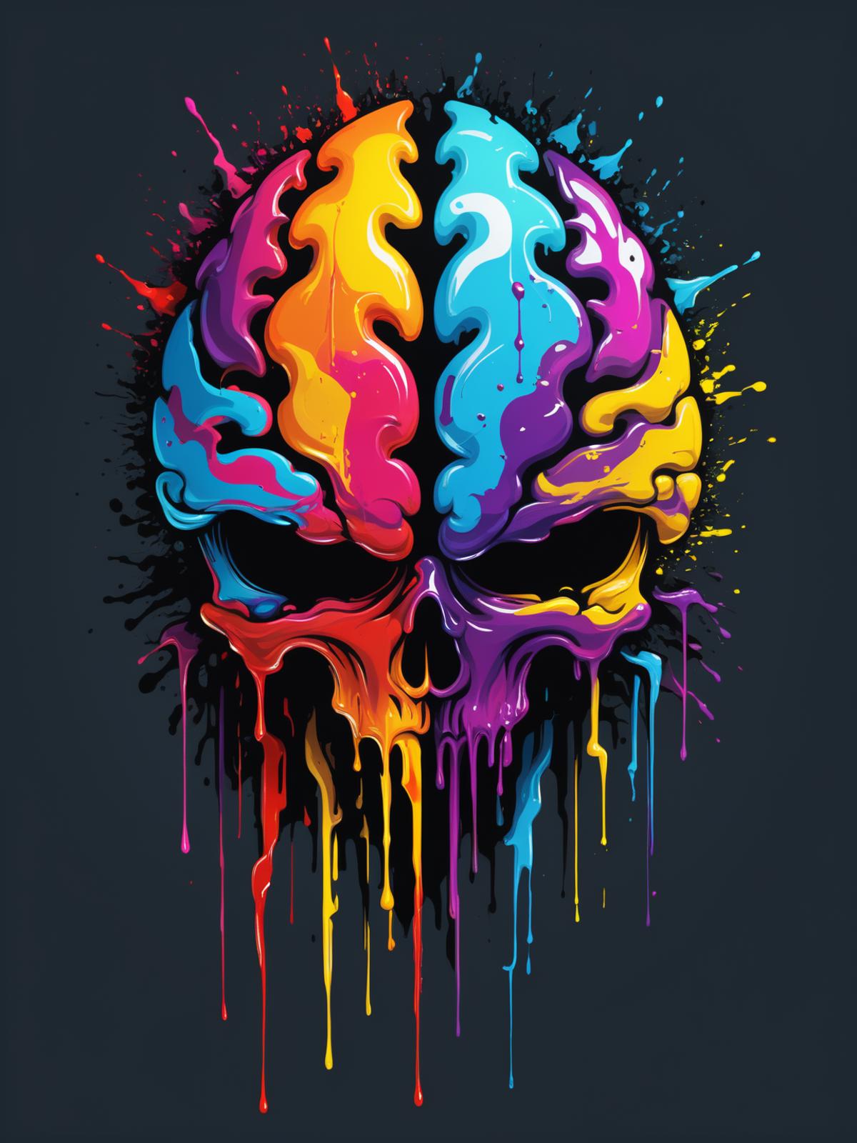 A colorful skull with dripping colors on a black background.