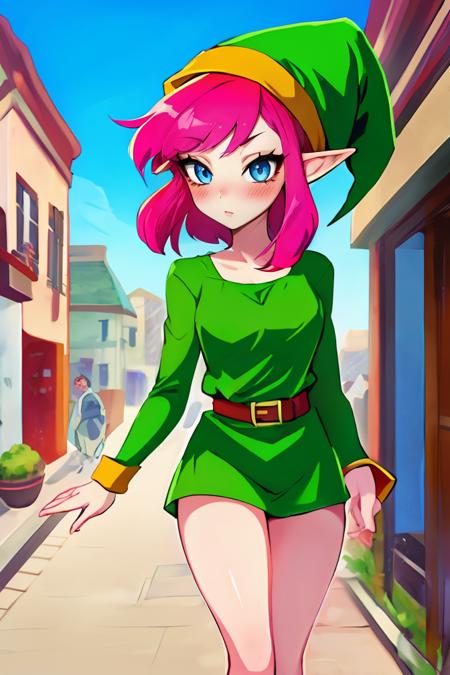 sidewalk, buildings, street, 1girl, (prettyeyes), solo, blush, looking at viewer, <lora:GoodHands-vanilla:1>, pink-link, pink hair, blue eyes, green hat, green tunic, yellow sleeves, long sleeves, belt, <lora:Pink-Link-iA3-captions-step00001500:1>