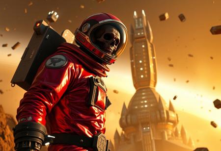 A cinematic shot of an undead lich astronaut in a vibrant metallic red spacesuit standing in the foreground, with a massive, ziggurat spacestation as the backdrop. The spacestation is adorned with numerous lights, windows, and technical details. The astronaut's suit is equipped with various gadgets and patches. The atmosphere is filled with floating debris and a hazy golden glow