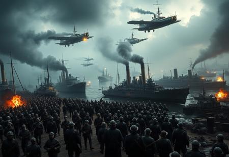 The harbor pulses with the energy of war preparation. Soldiers in ironclad armor march in disciplined ranks, the ground shaking beneath them as they ready for battle. Navy battleships, industrial marvels, stand poised for departure, thick smoke billowing from their chimneys into the dark sky. Above, the Kingdom's steampunk airship formation glides through mist, their bronze hulls gleaming, gears turning as steam hisses. An epic high-angle shot captures the convergence of air and sea forces. Amid explosions and machinery clamor, storm clouds gather, casting a dramatic, cinematic atmosphere as chaos builds.