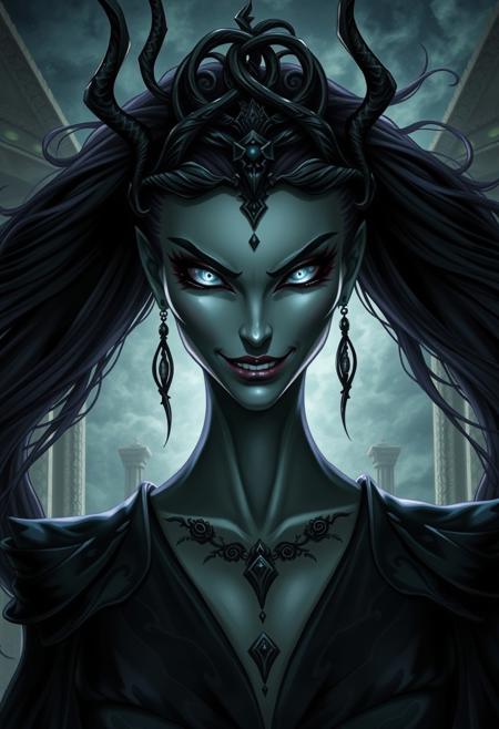 A dark goddess with a haughty, menacing expression, sharp symmetrical features, glowing cold eyes, and a cruel smirk. Long, flowing black or dark purple hair, crowned with a twisted, ornate diadem. Dark, elegant robes with shadowy, celestial patterns. Background: eerie temple or stormy night sky. Dramatic lighting, dark fantasy art style, highly detailed