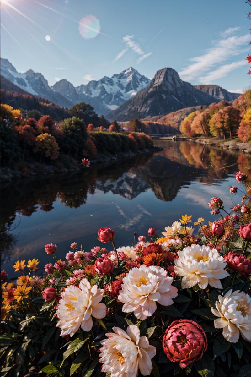 A serene scene of a river with mountains in the background and flowers blooming by the water.