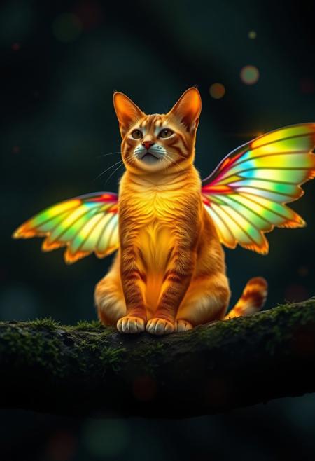 depth of field, A subtly glowing crimson yellow shiny cat sitting in a Sukhasana meditation pose, on a moss covered branch, huge rainbow colored wings, striped golden trimmed tail, fantasy, vibrant glow, glowing particles floating, bokeh, vignette, a light in the darkness