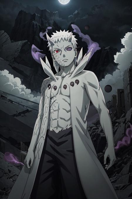 Obito, masterpiece, best quality, 1boy, pale skin, long hair, white hair, black pants, horns, truth seeking balls, purple aura, heterochromia, red eye, purple eye, smoke, rocks, destruction, outdoors, night, purple aura, menacing, looking at viewer <lora:Obito_Jinchuriki:1>,