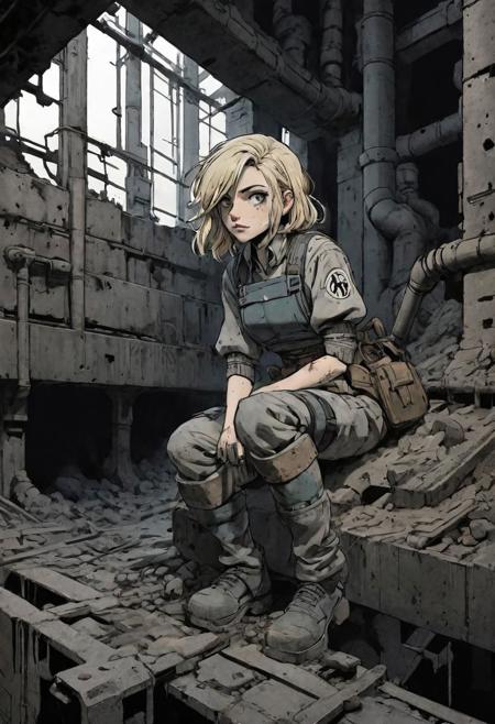 sfw, anime, 2d, thick lines, ink style, dim light, natural backlighting, in a dark smoky old bunker from 1940, brutalist, cement, concrete, steel pipes, aluminium ducts, dirty, greasy, rusty, illustration drawing of a  platinum blond gothic mecanics girl, 18 yo, (handling a wench:1.5), (fixing a mechanic motor:1.5), small perky breasts, round hips, big ass, fat thighs, bob haircut, middle parted, short pointy front bangs, haunted sinister expression, slightly parting lips, detailed face, intricately detailed, dramatic LUT