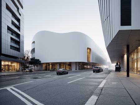 RAW photo, (avant garde building from outside), frontal elevation, blobby volumes, ((puffy white jacket material)), curvilinear, white sky, (diffused light:1) <lora:MIR-v3:0.5> (translucent white glass), contemporary brutalism style, designed by Balenciaga, fog, (warm interior light:1), (open plaza), architecture photography, hyper realistic, super detailed, 8k, Nikon Z6 Mirrorless Camera, film grain