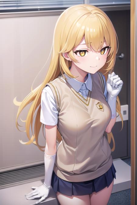 misakishokuhou, <lora:misakishokuhou-lora-nochekaiser:1>, 
misaki shokuhou, blonde hair, hair between eyes, long hair, (symbol-shaped pupils:1.5), (yellow eyes:1.5), (medium breasts:1.2), <lora:smirkingeye_v100:1>, <lora:smirkingmouth_v100:1>, smile,
BREAK elbow gloves, gloves, school uniform, short sleeves, summer uniform, sweater vest, tokiwadai school uniform, white gloves, (light brown sweater vest:1.2),
BREAK looking at viewer, upper body, full body,
BREAK indoors, classroom,
BREAK <lora:GoodHands-vanilla:1>, (masterpiece:1.2), best quality, high resolution, unity 8k wallpaper, (illustration:0.8), (beautiful detailed eyes:1.6), extremely detailed face, perfect lighting, extremely detailed CG, (perfect hands, perfect anatomy),