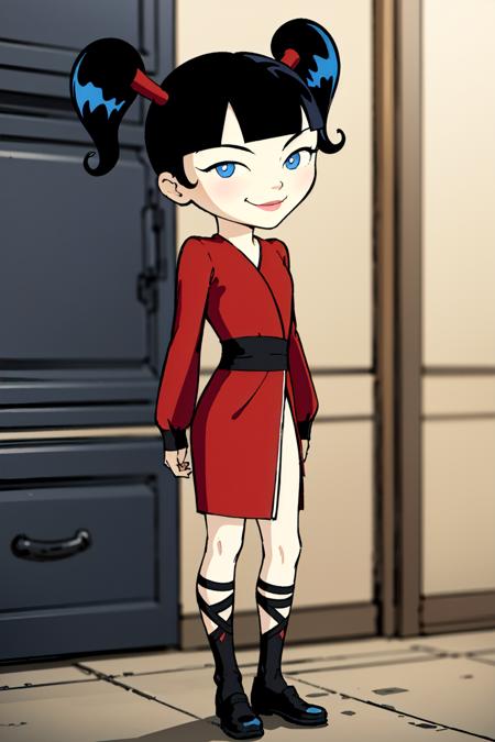  kimiko, 1girl, black hair, twintails, solo, blue eyes, dress, red dress, long sleeves, smile, black footwear