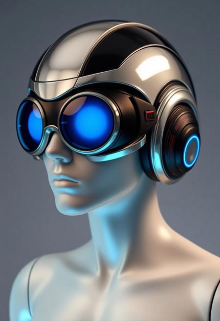 The figure's head is encased in a streamlined helmet, predominantly chrome with black accents. The helmet appears highly polished, with a smooth, almost glossy finish. Integrated into the helmet are large, circular, reflective lenses that cover the eyes entirely. The lenses glow with blue hue, giving off a cool, futuristic aura. These oversized goggles suggest an augmented reality or heads-up display function, typical of high-tech environments. Around the figure’s ears are sleek, futuristic headphones, which are seamlessly built into the helmet design. These headphones are primarily black with red, horizontal stripes along the side, indicating an interface for communication or audio enhancements. The skin tone appears smooth and artificial, hinting at synthetic or modified human characteristics