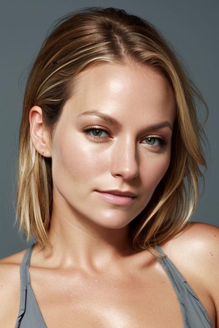 (CR-B3ckiNewton-summer4love263:0.9), full color photo of woman, grey background, (slick hair:1), (oiled shiny skin:1.0), (tilted angle shot:1.2)