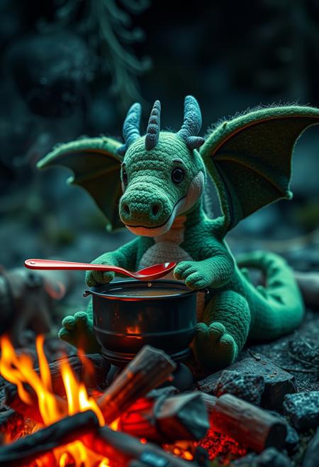 surreal VFX,  ikea style green plush dragon with dark green  wings cooking broth on a campfire with a red spoon seen under an electron scanning microscope, with details, vivid colors