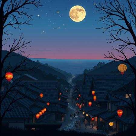 In the distance two moons are rising over a tranquil ocean at twilight. The twilight sky is filled with stars. In the foreground is a tranquil pre-industrial town nescilled in a valley. Small hills rise on either side of the town with a small stream winding through the center of town. The houses and shops in the town are reminiscent of feudal Japan, constructed of wood with dark terracotta tiles. The small streets are lite by hanging paper lanterns of red, yellow, and orange. The streets are alive with people out strolling in the narrow streets on an Autumn evening. The image is framed by the dark silhouettes trees on either side and a couple sitting on a bench watching the scene