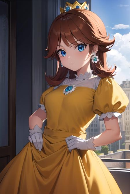 princess daisy, blue eyes, long hair, orange hair, crown, daisy, dress, flower, gem, gloves, orange dress, puffy short sleeves, puffy sleeves, short sleeves, white gloves,