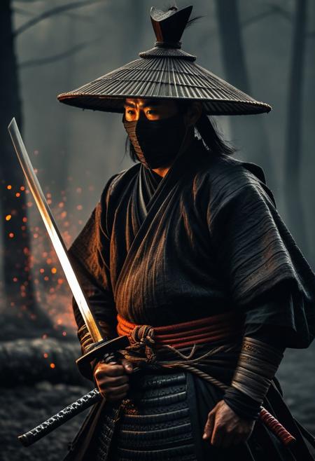 Dark, brooding warrior, Asian, adult male,  in a traditional Japanese samurai-style outfit.  Deep, textured black clothing, showcasing intricate details in the material.  A traditional, wide-brimmed Asian hat, seemingly made of dark, weathered wood.  Full-face mask obscures the face, creating a sense of mystery.  Holding a large, formidable katana with a dark, distressed metal blade.  The sword and the warrior's outfit present an impression of toughness and readiness for conflict.  The pose is one of contemplation and vigilance, subtly suggesting action.  The background is a smoky, blurred landscape filled with orange-red sparks and embers, adding to the overall somber atmosphere.  Dramatic lighting emphasizes the warrior's figure and the details of the outfit.  The colors are dark and muted, conveying a sense of danger and intense focus.  Distinctive textures in the armor and fabric of clothing.  The overall style is reminiscent of stylized Japanese art, emphasizing details.  Photorealistic.  High contrast.  Silhouette style.