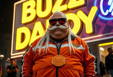 Buzz Daddy is a larger-than-life character, exuding charisma with a signature grin reminiscent of Riccardo Villalobos. His playful, lighthearted aura contrasts with his bulky, chubby physique. He’s decked out in a corporate tracksuit with vibrant psychedelic details, featuring a standout orange piece that reads “The Road to Torino.” His look is completed by a massive yogurt buckle shaped like a buzz coin, long, straight white hair, and a bold custom biker mustache that adds a rugged touch to his eccentric style. His Ray-Ban Wayfarer goggles reflect the electric glow of digital yellow signs, while he mischievously tosses stacks of Buzz coins around.
Buzz Daddy’s personality is zany, artistic, and captivating—his presence radiates the vibe of a meme king who thrives on humor and unpredictability. In the scene, “Buzz Daddy” is showcased in luminous, cinematic letters, whether displayed on a neon-lit billboard, a glowing mural, or boldly printed across his ultra-realistic jacket. The composition merges digital and artistic styles, creating a playful yet composed visual experience. The atmosphere is surreal and meme-driven, highlighting Buzz Daddy’s larger-than-life persona with influences from aidmafluxpro1.1, aidmaMJ6.1, and aidmahyperrealism, ensuring an unforgettable visual impact.