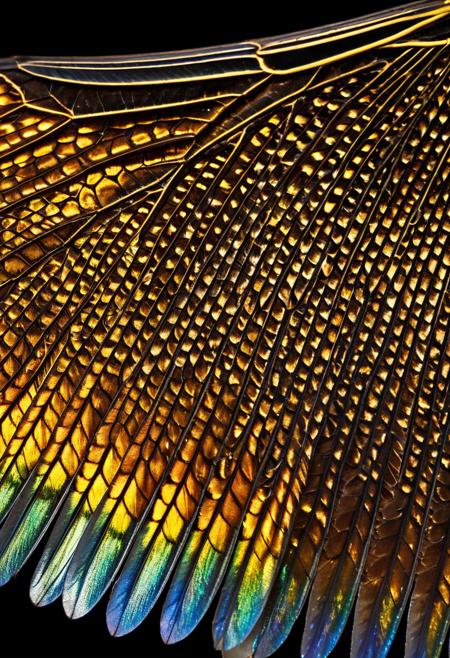 Butterfly wing detail showing intricate scale patterns and iridescent color shifts, individual wing scales visible under magnification. Entomological photography with macro lens and ring flash lighting. Natural history museum documentation quality with scientific precision. Rich metallic colors and structural detail showing evolutionary adaptation perfection.