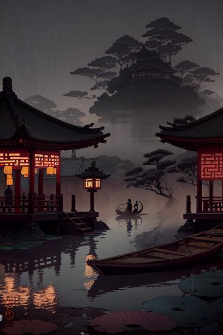 
Chinese martial arts style, large area sky, ink style, outline light, atmospheric atmosphere, depth of field, mist rising, lake water, lotus flowers and leaves, small boats, pine trees, octagonal stone pavilions, arch bridges, night view,(No color)<lora:jcjp:0.6>