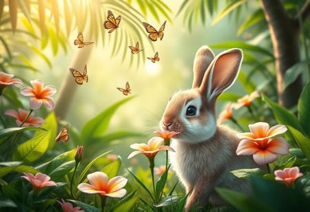 Realistic style. A cute bunny smelling a flower in a lush forest. Butterflies are in the air. There is tropical vegetation. The scene is vibrant and idyllic. Masterpiece,best quality,hi res,8k,hi res,8k,award winning,(sharp focus, intricate, highly detailed)