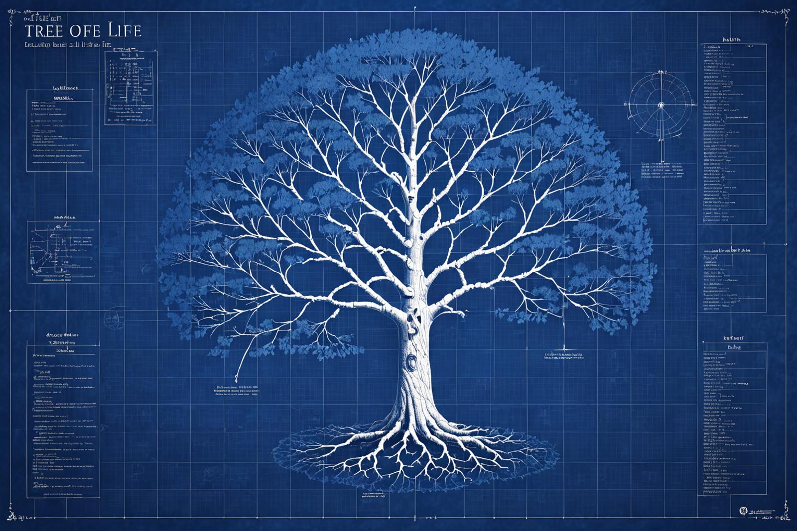 Tree with roots and branches in blue and white, with a text background.