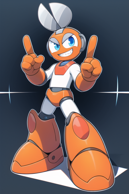 1boy, solo, (cut_man:1.2), head scissors, no nose, orange boots, orange gloves, robot, robot joints, smile, half-closed eyes, blue eyes, cute, standing, grin, teeth, v, peace sign, (masterpiece, highly detailed:1.2), no humans, shears,