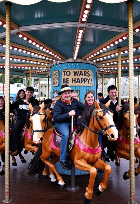Group of people, men and women, in an amusement park, on a horse carousel, all seated on the horses, very smiley individuals with a sign that says no to wars, be happy.