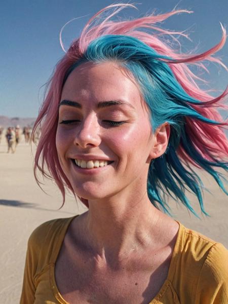 side photo of a smiling woman, ((head tilted back)), blue and pink hair, ((closed eyes)), (((the wind is blowing her hair))), wearing a yellow shirt, location is a salt desert, burning man festival, highly detailed, low saturation, realistic skin, skin imperfections, natural lighting,