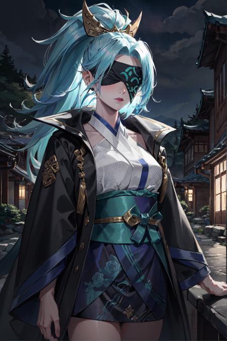 spirit blossom vayne, 1girl, blindfold, kimono, open jacket, hair ornament, detailed face, looking at viewer, upper body, cowboy shot, village, stone lantern, night, (masterpiece:1.2, best quality)