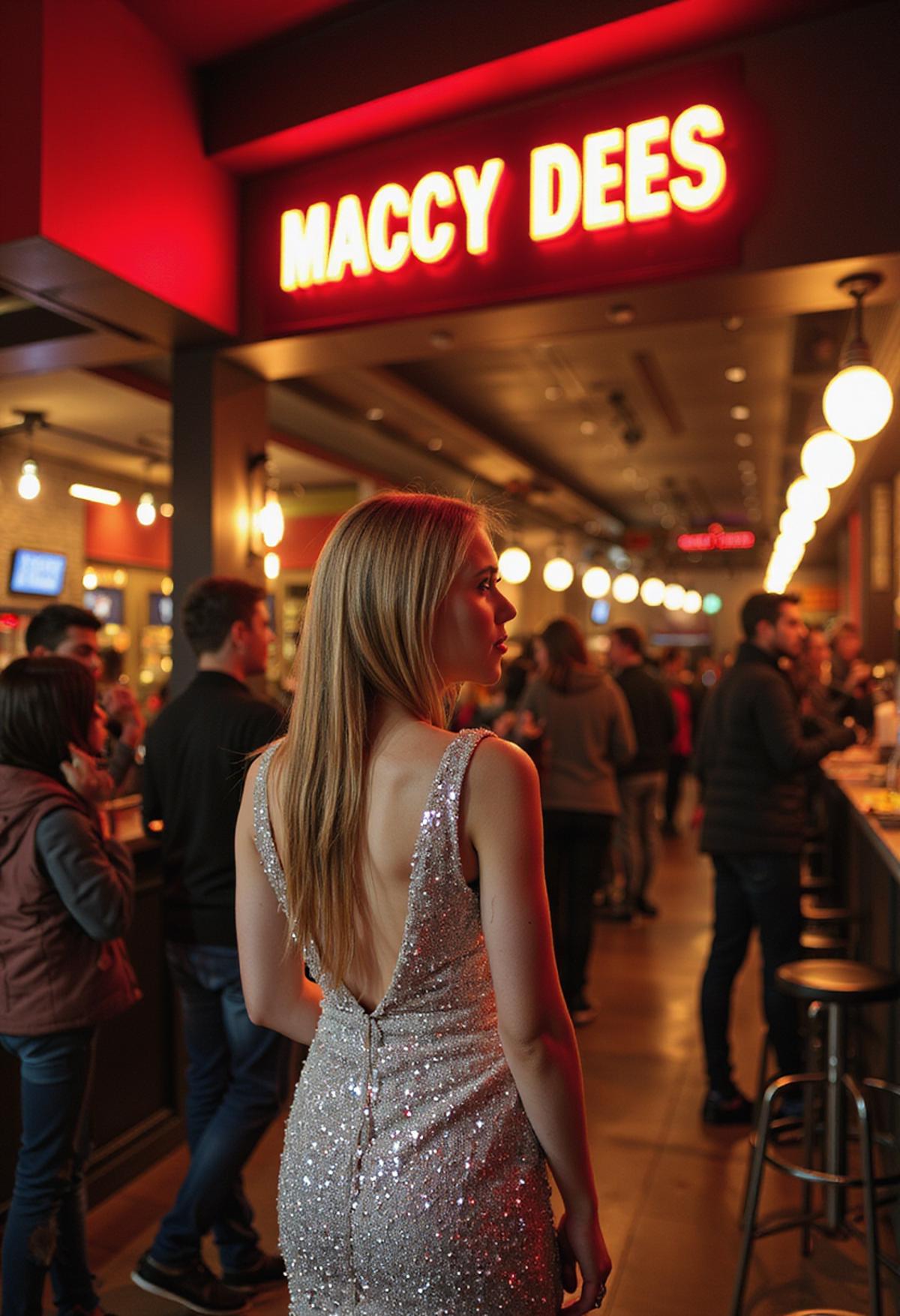 woman in a stunning long silver sequin dress, lining up at a resturant, Big sign above enterance in bold writing "MACCY DEES"