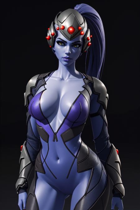 mature woman, widowmaker_(overwatch), (1girl:0.5), solo, ((purple skin)), ((3dcg)),
<lora:Widowmaker_Overwatch-07:1>,
large breasts, standing, ponytail, breasts, yellow eyes, looking at viewer, lips, simple background, colored skin, long hair, black background, blue eyes, blue skin, solo, (head-mounted display), bodysuit,