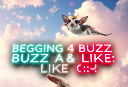 “A highly elegant sugar glider soaring happily through the air towards its owner. The scene is surreal, with a dreamy, colorful sky in the background. The sugar glider has an exaggerated, almost regal posture, with a tiny golden crown on its head. The owner, looking surprised, is reaching out with open hands. A massive, neon-style text in the background reads ‘BEGGING 4 BUZZ & LIKE ^_^’, glowing dramatically. The entire composition has a playful, chaotic energy, blending elegance with internet meme culture.”