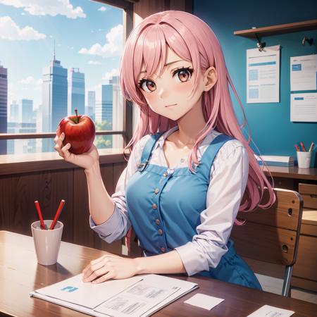 woman, simple rainbow dress, long pink hair, brown eyes, sitting, holding red apple, wooden desk, hand on papers, cup with red pen on desk, chair, from front, blush, blue wall, wooden panels, window, cityscape, tree <lora:woman_with_apple_01-000006:0.8>