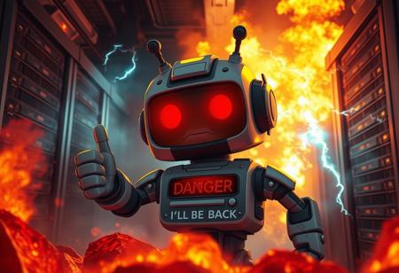 cinematic, dynamic light, cute civibot, cute bot, descending in lava, one thumbs up, fatal error, confused face, dazed face, danger sing as eyes, danger, fire, explosion, malfunction, electric sparks, server room exploding, server room in flame, server room with electric, storm led chestplate says "I'LL BE BACK"