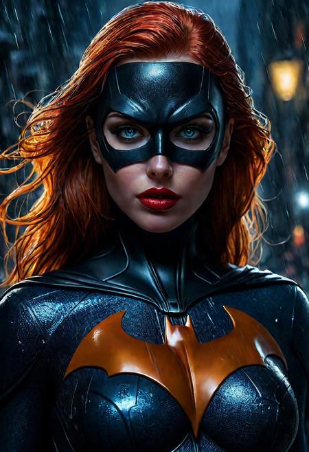 High resolution ultra-realistic of Beautiful bloody Batgirl  fighting against alien invasion, cinematic style, standing on a bloody and stormy battle in a destroyed Gotham city in a fighting pose, bloody and dirty, realistic combat bodysuit costume, whole body, masterpiece, best quality, 1girl, batgirl, close up, realistic, dirty, bruise, blue eyes, mask, red hair, lips, perfect athletic figure, wavy long red hair, handsome bloody face, beautiful perfect detailed pupils, wet oily shiny skin, covered in dirty and blood, beautiful firm Breasts, defiant and seductive, attractive 21 year old Batgirl, 8k resolution concept art portrait by Greg Rutkowski, Dark Gotham City, Artgerm, WLOP, Alphonse Mucha, dynamic lighting, hyperdetailed, intricately detailed, Splash art trending on Artstation triadic colors, Unreal Engine, 5 volumetric lighting, Cinematic Lighting, intricate, smooth, sharp focus digital painting, Asymmetrical Balance, realistic eyes, ultra detailed atmospheric details, sparkle effects, realistic body proportions, beautiful body female soldier proportions, complex masterpiece, dramatic atmosphere
