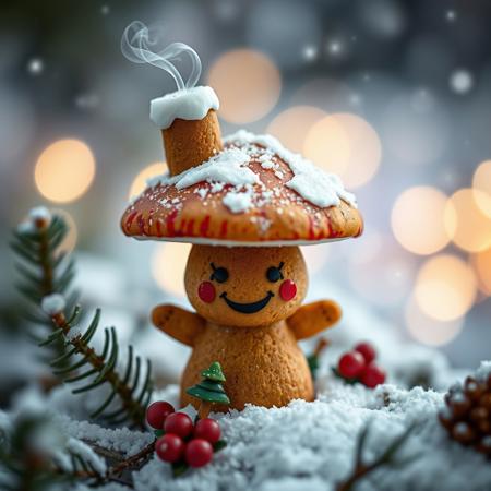 photo, selective focus, miniature effect, bokeh, highly detailed, vibrant, perspective control, natural tilt shot, christmas mushroom made of ginger bread with chimney on its head, g macro photography, (enchanting:1.3), (luminous:1.2), (oversized flora:1.1), mystical, magical, vibrant photography, shimmering light, dreamy, whimsical, serene, soft-focus, hyper-detailed digital art, made of flowers, 2 mushrooms, smile, snow, winter, snowfall, conifers, ginger bread, sexy little red riding hood Lindsey Stirling, mushroom with smoking chimney