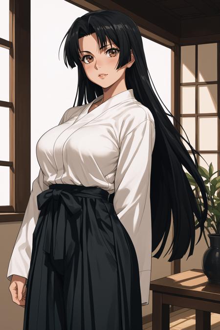 cal shekar, brown eyes, black hair, long hair, large breasts, hadanugi dousa, long sleeves, black hakama,