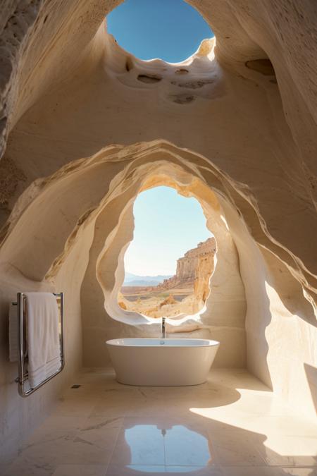 award winning interior photo, photograph, ultra photorealistic, photorealism, film still of inside a modern white spacious design (bathroom inside a smooth stone cave:1.25), smooth shading, desert, daylight, bright colors, hyper realistic, modern, surreal, lights, minimalistic studio architecture, behance, halation, bloom, dramatic atmosphere,  rule of thirds, 8k uhd, dslr, high quality, film grain, kodak, panavision, cinestill