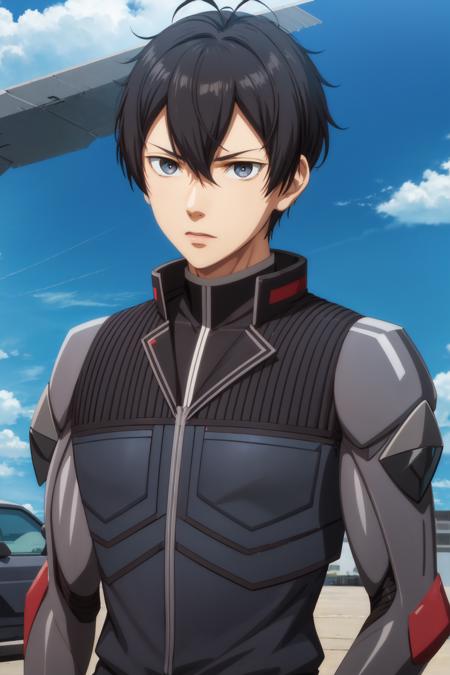 (realistic:1.2), leon fou bartford\(mobseka\), solo, black eyes, looking at viewer, short hair, antenna hair, bangs, black hair, 1boy, hair between eyes, v-shaped eyebrows, male focus, pilot suit, (blue sky)