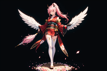 HellFae, 1girl, solo, long hair, simple background, hair ornament, thighhighs, gloves, dress, holding, cleavage, medium breasts, very long hair, standing, full body, ponytail, weapon, pink hair, flower, white hair, detached sleeves, japanese clothes, wings, horns, black gloves, wide sleeves, kimono, white thighhighs, petals, umbrella, red dress, high ponytail, black background, cherry blossoms, feathered wings, white wings <lora:HellFae:0.5>