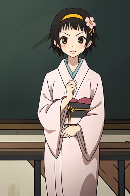 (masterpiece:1.2), ultra detailed, <lora:MatoiTsunetsuki:0.8>,1girl, Matoi, <lora:Haruhistyle:0.7>, kyoani haruhi style,kimono, desk, flower hair ornament, chair, blackboard, persistent stare, blush, tsundere, best quality