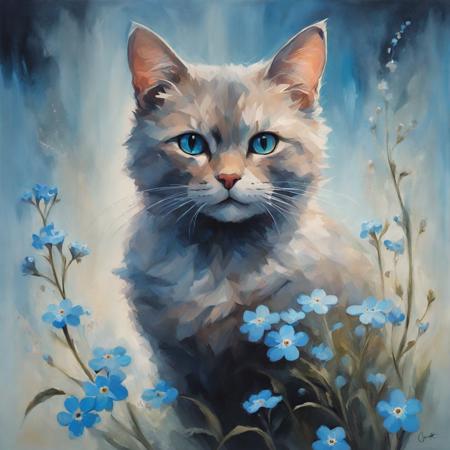 beautiful painting of a cat and a forget-me-not flower, in styles of Samantha Keely Smith and Ryan Hewett, creatures, digital, dream-like, ethereal, fantasy, magic-realism, mysterious, surreal, Expressionism, contemporary, Dream-like, Loneliness