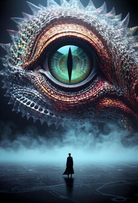 a striking and surreal scene that combines elements of both the natural world and fantasy. Dominating the composition is a massive, reptilian eye, filling almost the entire frame. The eye is highly detailed, with a slit-like pupil that suggests it belongs to a large, powerful creature, perhaps a dragon or another mythical being. The texture around the eye is rugged and scaly, giving the impression of ancient, weathered skin. In the lower portion of the image, a solitary human figure stands before the eye, dressed in a flowing black robe. The figure is tiny in comparison to the colossal eye, emphasizing the vast difference in scale and power between the two. The person stands on a surface that appears to be water or mist, which reflects the eerie, otherworldly light that surrounds the scene. The atmosphere is misty and dreamlike, adding to the sense of mystery and awe. Overall, the image is both dramatic and thought-provoking, blending cultural elements with a fantastical imagination to create a visually captivating scene. made out of fractangles, PG rating, sfw,