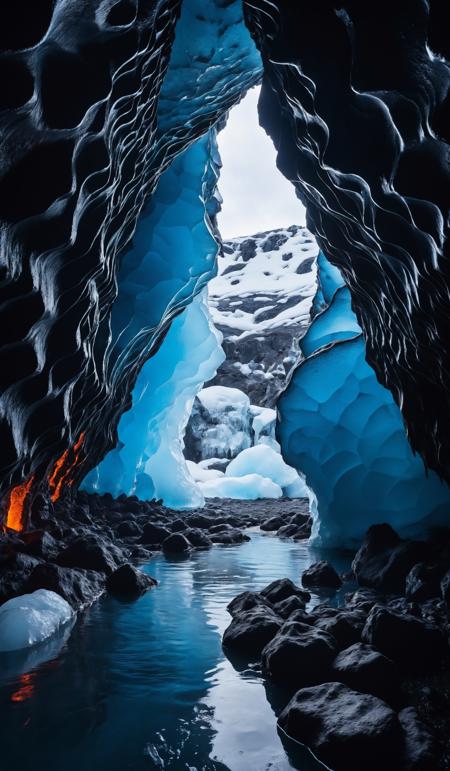 Hot thick lava flowing into a crystal blue ice cave in iceland, heat and steam fill the thick air, a mixture of fire and ice with cracks and liquid lava, (sharp focus:1.2), extremely detailed, (photorealistic:1.4), (RAW image, 8k high resolution:1.2), RAW candid cinema, 16mm, color graded Portra 400 film, ultra realistic, subsurface scattering, ray tracing, (volumetric lighting), extreme contrast, intricate details, reflections on ice, reflections on water, water pouring down