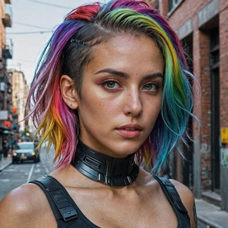 epic realistic, DV_Karah_Vicious, cyberpunk lanscape, ultra realistic, cinematic lighting, ultra detailed, detailed gorgeous face, beautiful girl, olive skin, medium length rainbow hair, simetric face, good anatomy, deusamelada, (Masterpiece:1. 3), (best quality:1. 3), <lora:add_detail:0. 4> <lora:epi_noiseoffset2:0. 4> <lora:hairdetailer:0. 6> <lora:more_details:0. 3> <lora:add-detail-xl:1. 2> <lora:DetailedEyes_V3:1. 2> <lora:sd_xl_offset_example-lora_1. 0:1. 2>, (natural skin texture, hyperrealism, soft light, muted colors), background, rutkowski, rim light