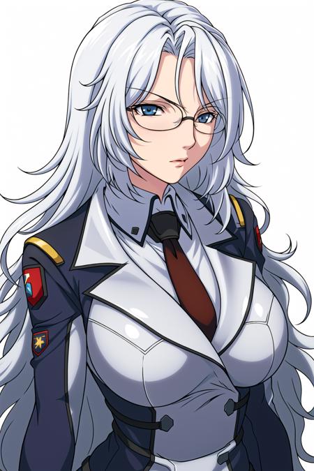 Simple White Background,
Black jacket,long sleeves,military, military uniform, necktie,
<lora:Chall_Acustica_00F-KK77-V1:0.7>,hair over one eye, glasses, 
blue eyes, white hair,bangs,Long hair,wavy hair, 
<lora:Oda_Non_Style-KK77-V2:0.3>,<lora:more_details:0.1>,
1 girl, 22yo,Young female,Beautiful long legs,Beautiful body,
Beautiful Nose,Beautiful character design, perfect eyes, perfect face,expressive eyes,perfect balance,
looking at viewer,(Focus on her face),closed mouth, (innocent_big_eyes:1.0),(Light_Smile:0.3),
official art,extremely detailed CG unity 8k wallpaper, perfect lighting,Colorful, Bright_Front_face_Lighting,White skin,
(masterpiece:1.0),(best_quality:1.0), ultra high res,4K,ultra-detailed,
photography, 8K, HDR, highres, absurdres:1.2, Kodak portra 400, film grain, blurry background, bokeh:1.2, lens flare, (vibrant_color:1.2),professional photograph,
(Beautiful,large_Breasts:1.4), (beautiful_face:1.5),(narrow_waist),