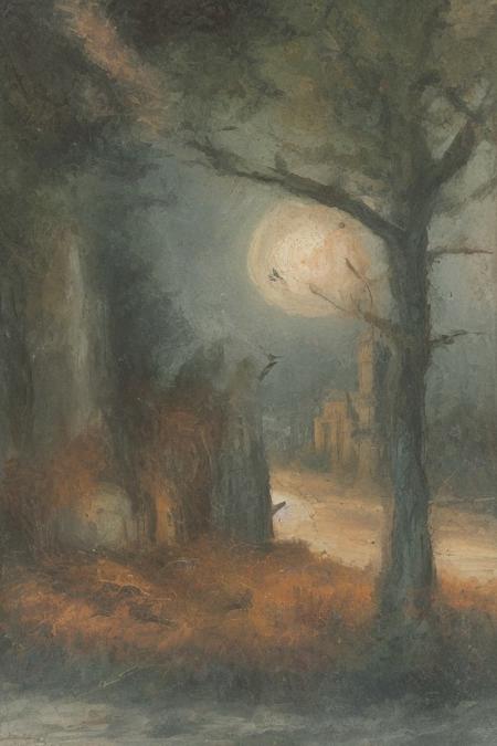 oil painting, of a castle on a cliff, forest, night, a flock of bats flying in the dark sky, reddish moon, clouds tainted red, dark theme, still life, shadows, haunted castle