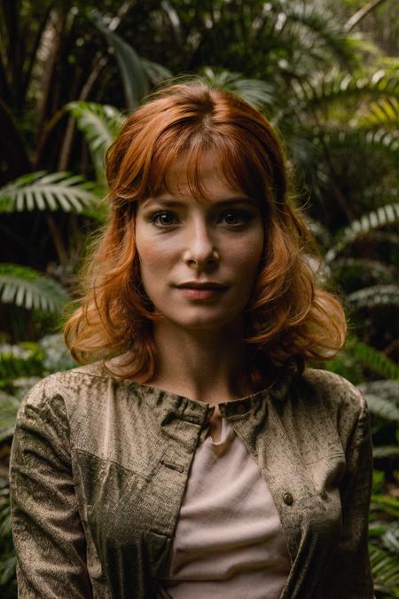 beauty ginger woman in jurassic jungle, jurassic park, heat, (skin texture:1.2), (high detailed skin:1.3), 19th century, ambient smoke, fog, (hyperrealism), cinematic, grain of old film, 8k uhd, dslr, retro color<lora:Mylene_Farmer_v2_640x960:0.85>