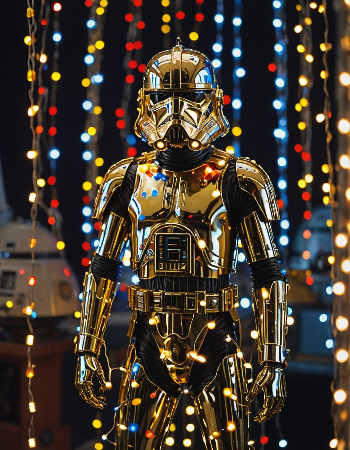 A Gold Stormtrooper Helmet with Lights in Background