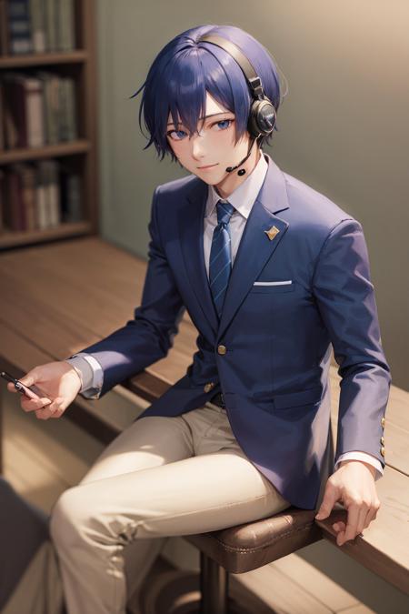 (masterpiece, best quality:1.2), <lora:vocaloid_kaito-14:1>, solo, male focus, 1boy, kaito \(vocaloid\), slight smile, looking at viewer, sitting in a chair, crossed legs, headset, formal, suit, blue necktie, black pants, blue scarf