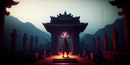 <lora:15MovingMeditations:1>meditation scene: a video game scene with a demon standing in front of a temple