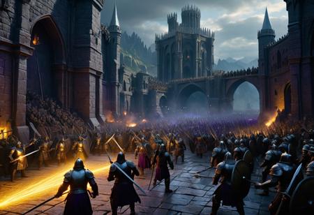 Neo Impressionist, The Battle For Helm's Deep, Rohan Vs Orcs, a masterpiece, 8k resolution, dark fantasy concept art, by Greg Rutkowski, dynamic lighting, hyperdetailed, intricately detailed, Splash screen art, trending on Artstation, deep color, Unreal Engine, volumetric lighting, Alphonse Mucha, Jordan Grimmer, purple and yellow complementary colours